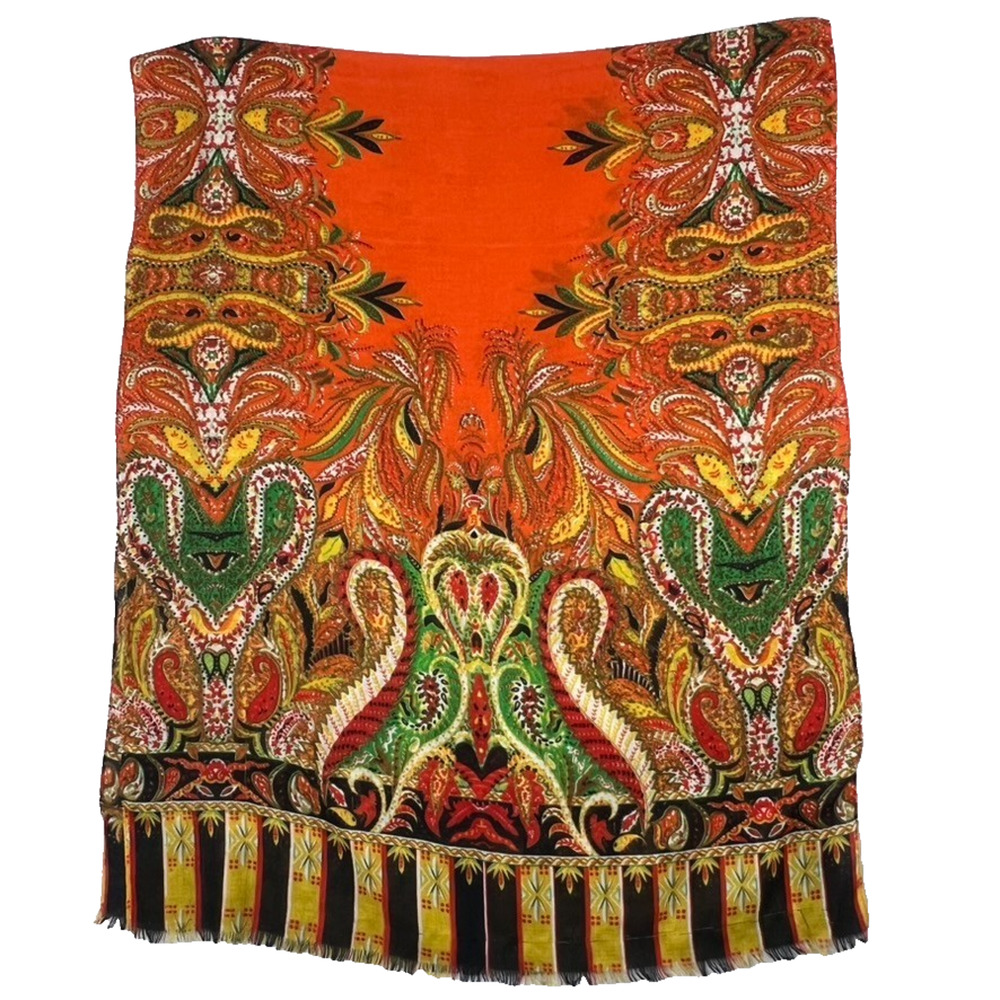 Scarf Wrap Shawl Floral XL Long Orange Green Vtg Viscose - Picture 7 of 8